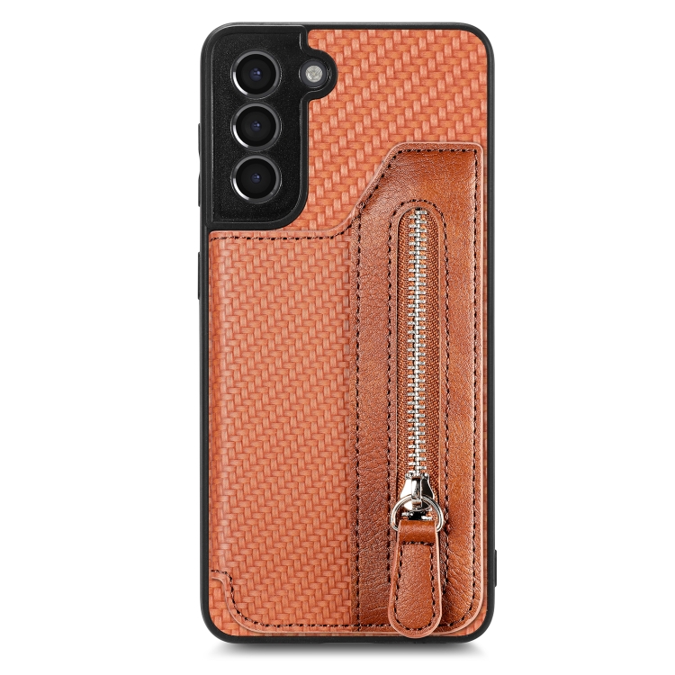 

For Samsung Galaxy S21 5G Carbon Fiber Horizontal Flip Zipper Wallet Phone Case(Brown)