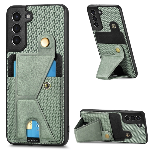 

For Samsung Galaxy S21 5G Carbon Fiber Wallet Flip Card K-shaped Holder Phone Case(Green)
