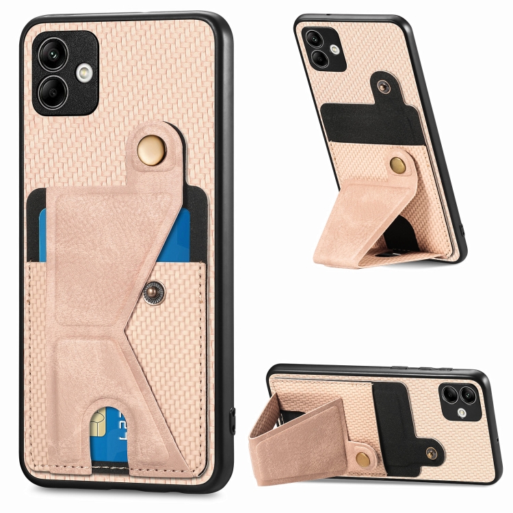 

For Samsung Galaxy A04 4G Carbon Fiber Wallet Flip Card K-shaped Holder Phone Case(Khaki)