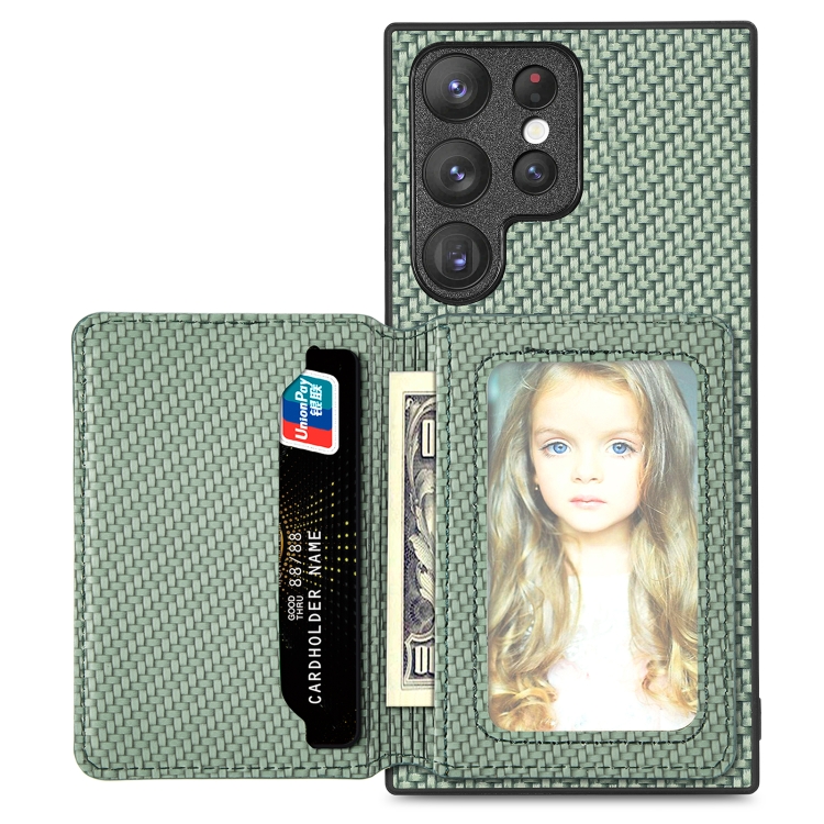 

For Samsung Galaxy S22 Ultra 5G Carbon Fiber Magnetic Card Wallet Bag Phone Case(Green)