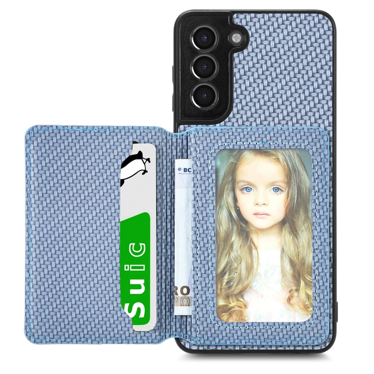 

For Samsung Galaxy S21 5G Carbon Fiber Magnetic Card Wallet Bag Phone Case(Blue)