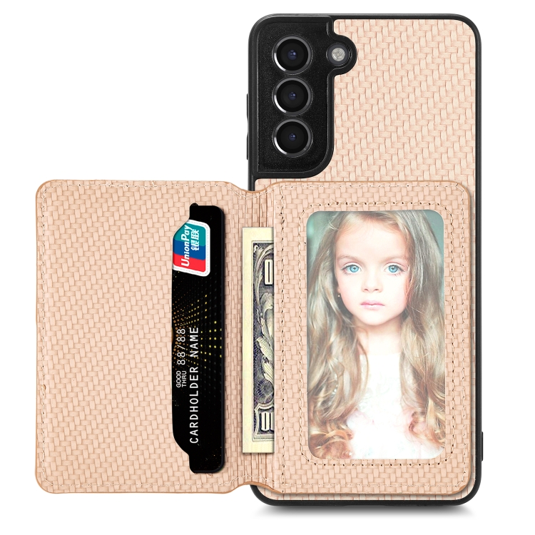 

For Samsung Galaxy S21+ 5G Carbon Fiber Magnetic Card Wallet Bag Phone Case(Khaki)