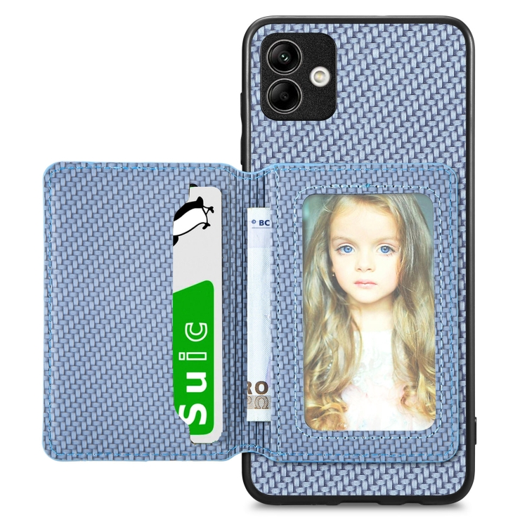 

For Samsung Galaxy A04 4G Carbon Fiber Magnetic Card Wallet Bag Phone Case(Blue)
