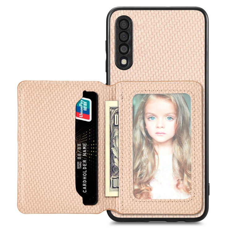 

For Samsung Galaxy A50 Carbon Fiber Magnetic Card Wallet Bag Phone Case(Khaki)