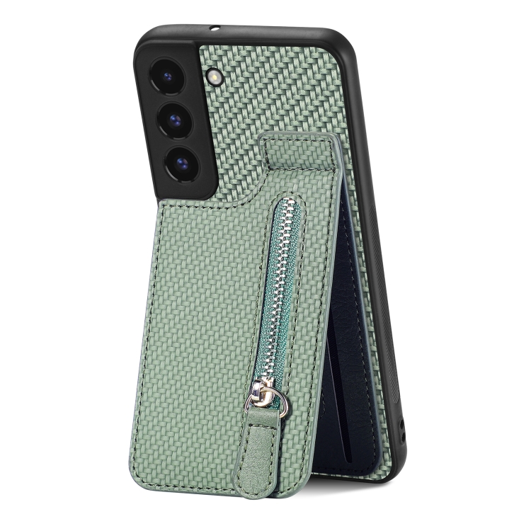 

For Samsung Galaxy S22 5G Carbon Fiber Vertical Flip Zipper Wallet Phone Case(Green)