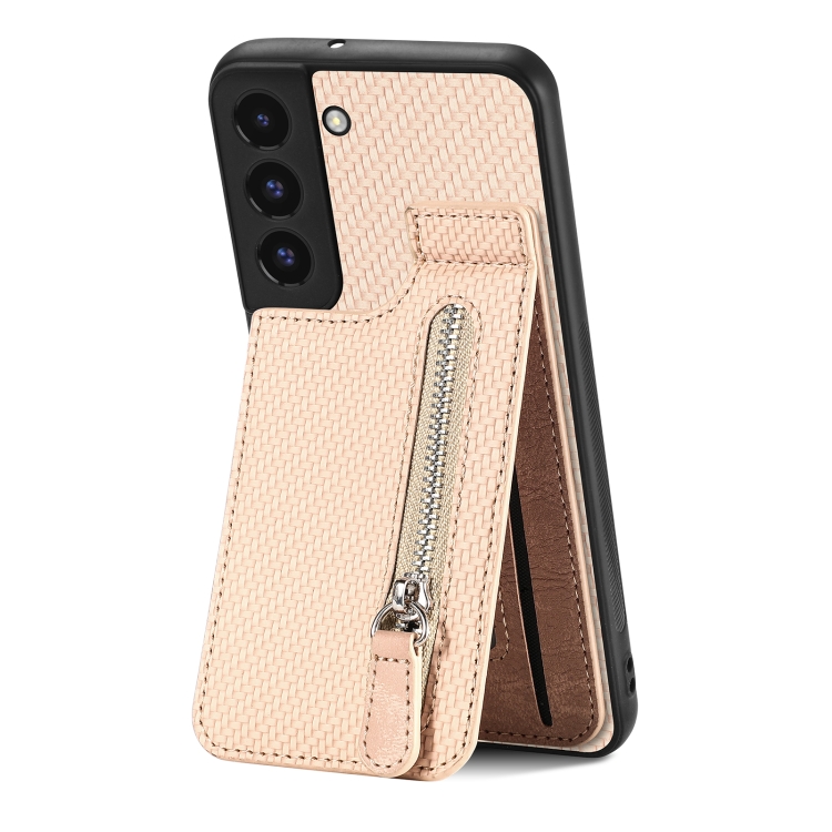 

For Samsung Galaxy S22+ 5G Carbon Fiber Vertical Flip Zipper Wallet Phone Case(Khaki)