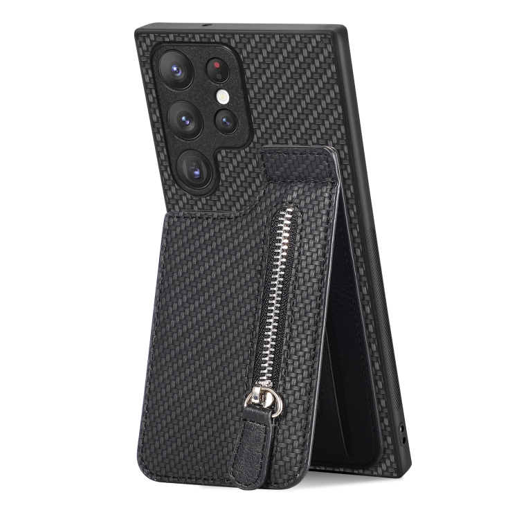 

For Samsung Galaxy S22 Ultra 5G Carbon Fiber Vertical Flip Zipper Wallet Phone Case(Black)