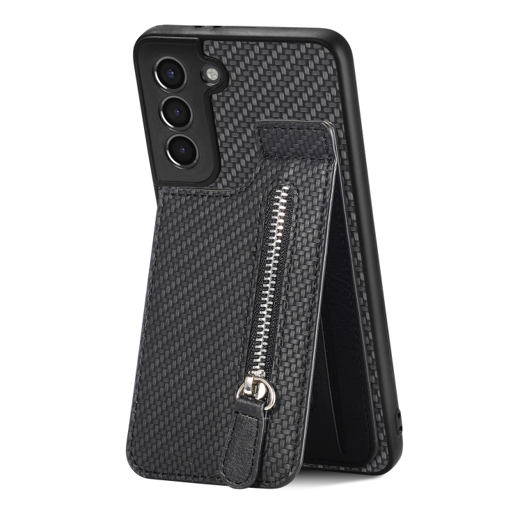 

For Samsung Galaxy S21+ 5G Carbon Fiber Vertical Flip Zipper Wallet Phone Case(Black)