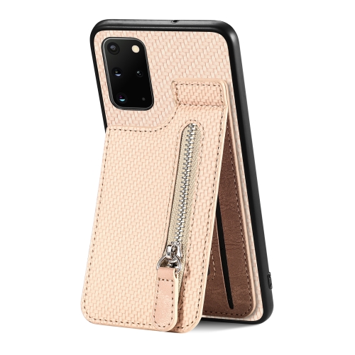 

For Samsung Galaxy S20+ Carbon Fiber Vertical Flip Zipper Wallet Phone Case(Khaki)
