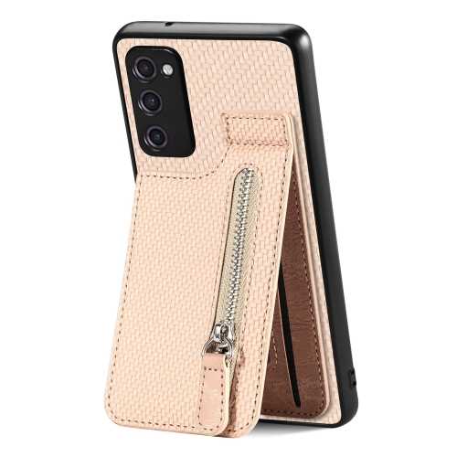 

For Samsung Galaxy S20 FE Carbon Fiber Vertical Flip Zipper Wallet Phone Case(Khaki)
