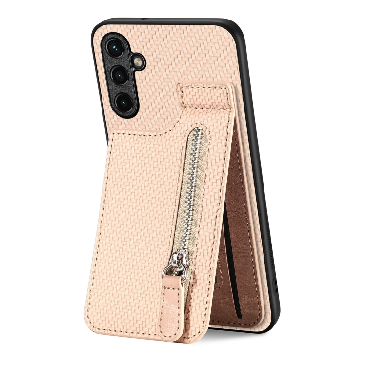 

For Samsung Galaxy A14 5G Carbon Fiber Vertical Flip Zipper Wallet Phone Case(Khaki)