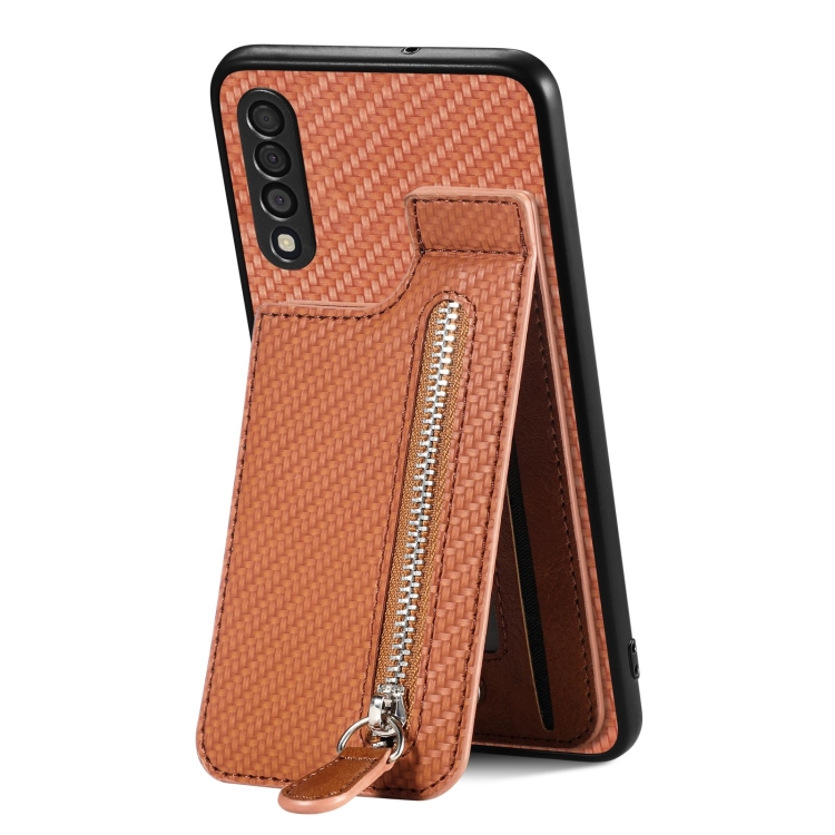 

For Samsung Galaxy A50 Carbon Fiber Vertical Flip Zipper Wallet Phone Case(Brown)