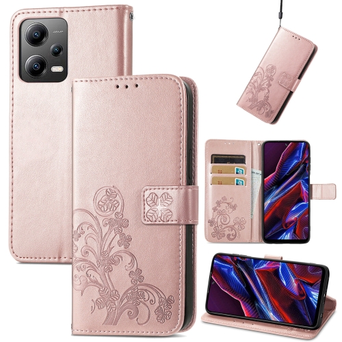 

For Xiaomi Poco X5 Four-leaf Clasp Embossed Leather Phone Case(Rose Gold)