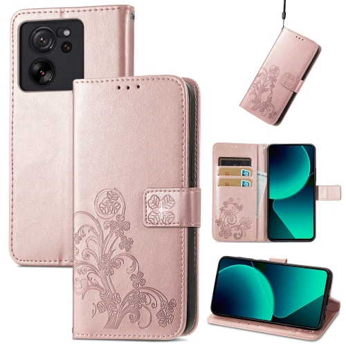 

For Xiaomi 13T / 13T Pro Four-leaf Clasp Embossed Leather Phone Case(Rose Gold)