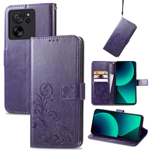 

For Xiaomi 13T / 13T Pro Four-leaf Clasp Embossed Leather Phone Case(Purple)