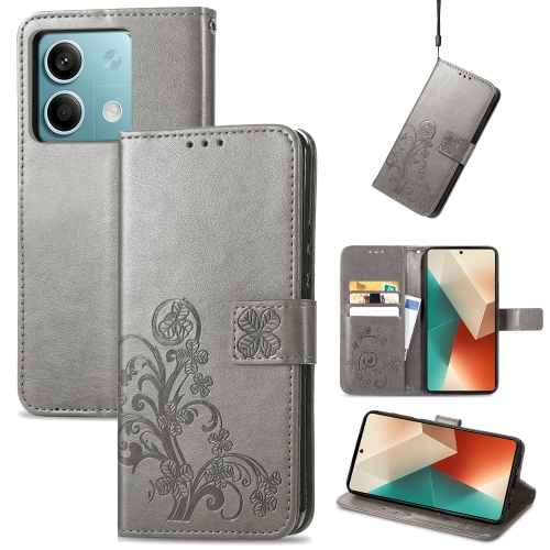 

For Xiaomi Redmi Note 13 5G Four-leaf Clasp Embossed Leather Phone Case(Gray)