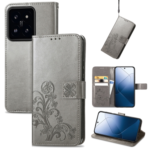 

For Xiaomi 14 Four-leaf Clasp Embossed Leather Phone Case(Gray)