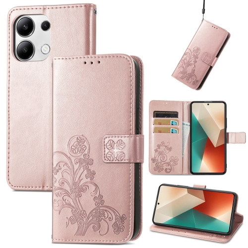

For Xiaomi Redmi Note 13 4G Four-leaf Clasp Embossed Leather Phone Case(Rose Gold)