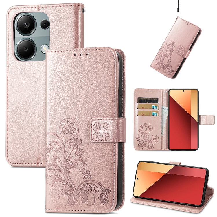 

ForXiaomi Redmi Note 13 Pro 4G Four-leaf Clasp Embossed Leather Phone Case(Rose Gold)