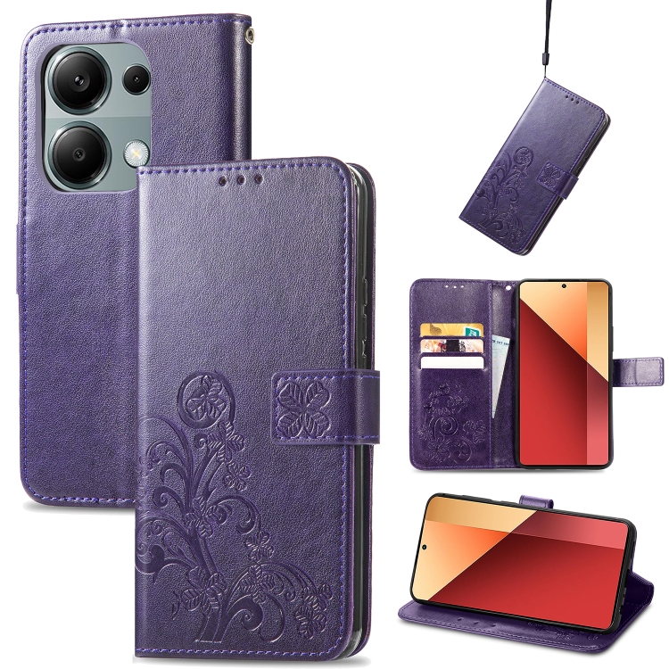 

ForXiaomi Redmi Note 13 Pro 4G Four-leaf Clasp Embossed Leather Phone Case(Purple)