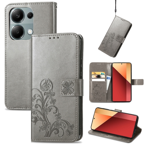 

ForXiaomi Redmi Note 13 Pro 4G Four-leaf Clasp Embossed Leather Phone Case(Gray)