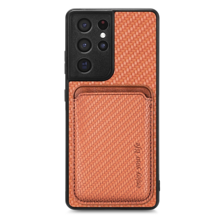 

For Samsung Galaxy S21 Ultra 5G Carbon Fiber Leather Card Magsafe Magnetic Phone Case(Brown)