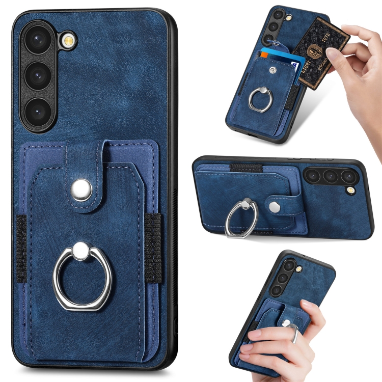 

For Samsung Galaxy S23+ 5G Retro Skin-feel Ring Card Wallet Phone Case(Blue)