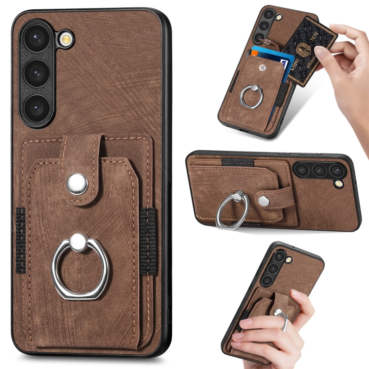 

For Samsung Galaxy S22 5G Retro Skin-feel Ring Card Wallet Phone Case(Brown)
