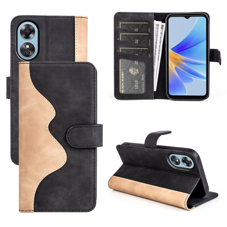 

For OPPO A17 Stitching Horizontal Flip Leather Phone Case(Black)