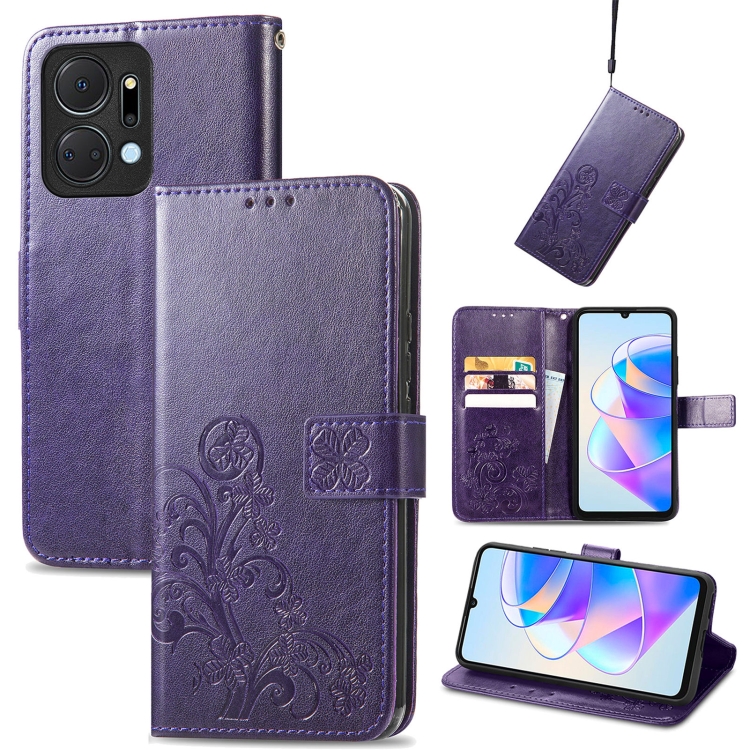 

For Honor X7a Four-leaf Clasp Embossed Buckle Leather Phone Case(Purple)