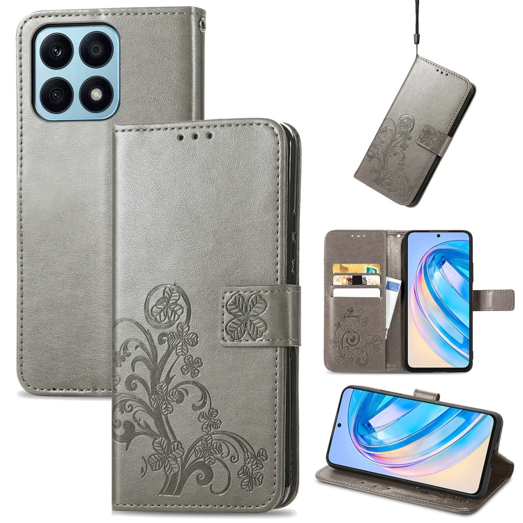 

For Honor X8A Four-leaf Clasp Embossed Buckle Leather Phone Case(Gray)