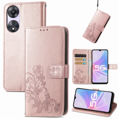 

For OPPO A78 Four-leaf Clasp Embossed Buckle Leather Phone Case(Rose Gold)