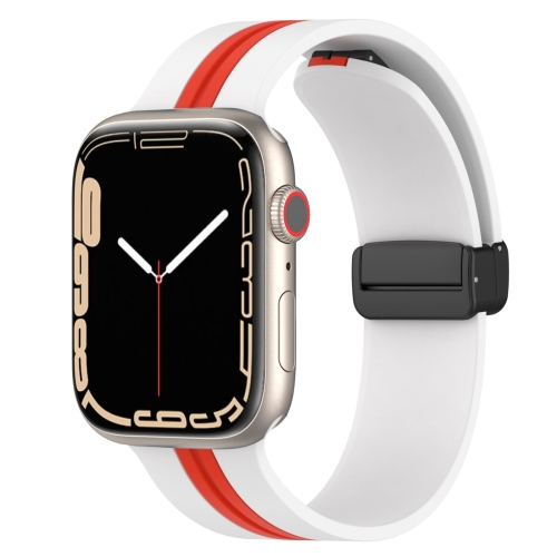 

Magnetic Clasp Two-Color Silicone Watch Band For Apple Watch Series 8&7 45mm / SE 2&6&SE&5&4 44mm / 3&2&1 42mm(White+Red)