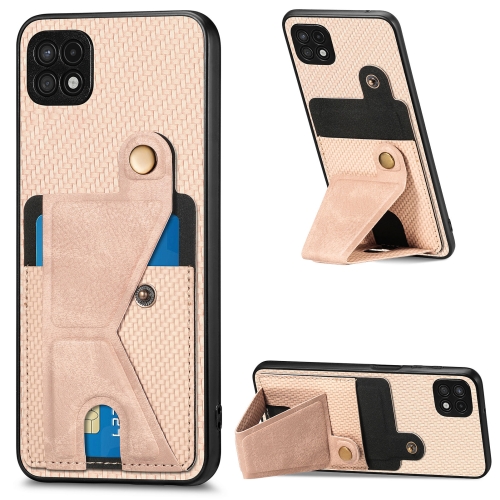 

For Samsung Galaxy A22 5G Carbon Fiber Wallet Flip Card K-shaped Holder Phone Case(Khaki)