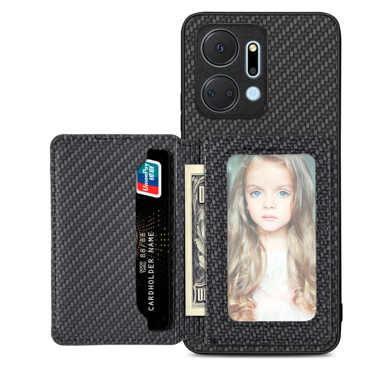 

For Honor X7A Carbon Fiber Magnetic Card Wallet Bag Phone Case(Black)