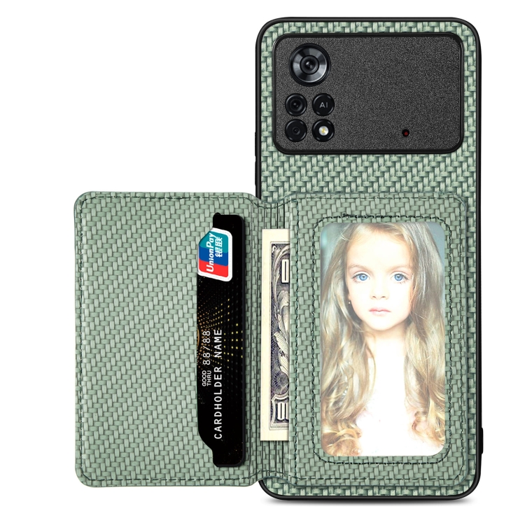 

For Xiaomi Poco X4 Pro 5G Carbon Fiber Magnetic Card Wallet Bag Phone Case(Green)