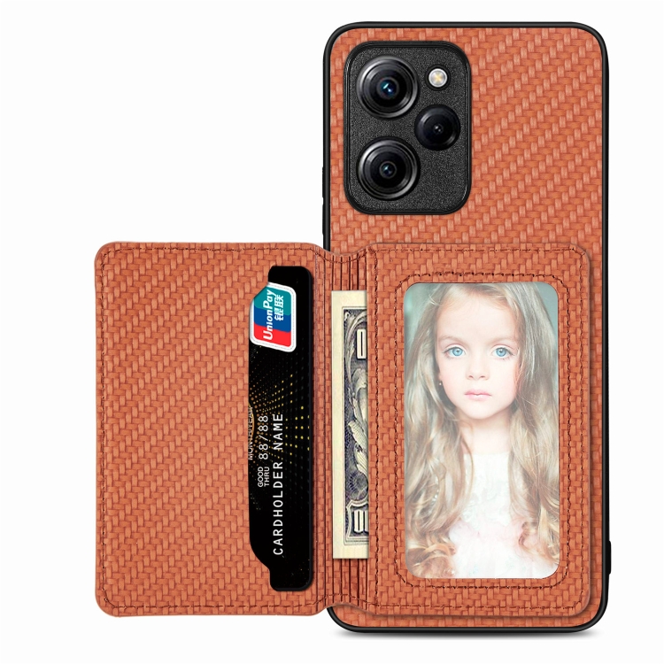 

For Xiaomi Poco X5 Pro 5G Carbon Fiber Magnetic Card Wallet Bag Phone Case(Brown)