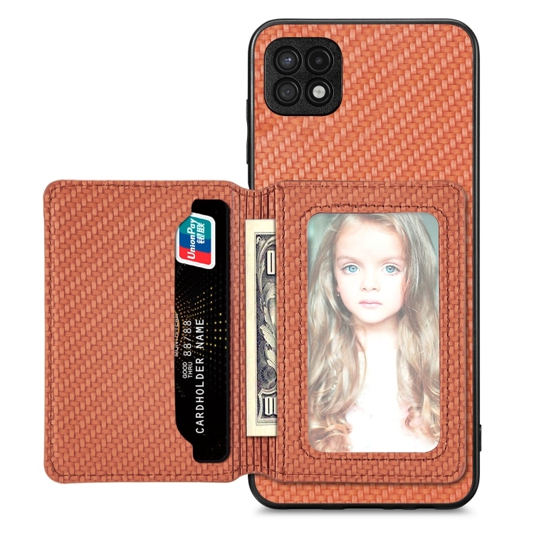 

For Samsung Galaxy A22 5G Carbon Fiber Magnetic Card Wallet Bag Phone Case(Brown)