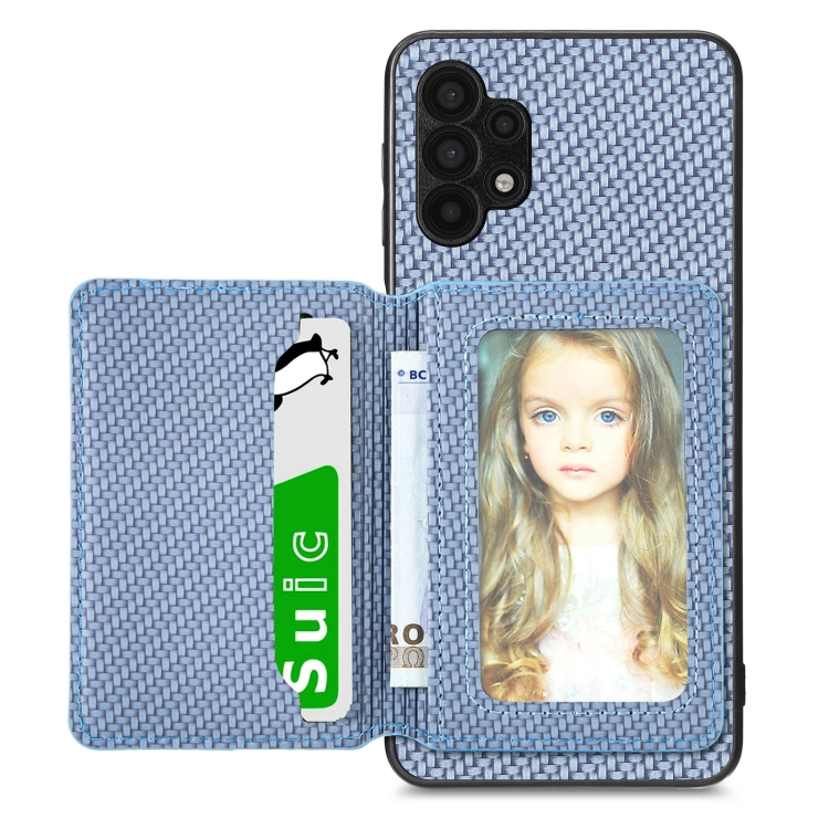 

For Samsung Galaxy A32 5G Carbon Fiber Magnetic Card Wallet Bag Phone Case(Blue)