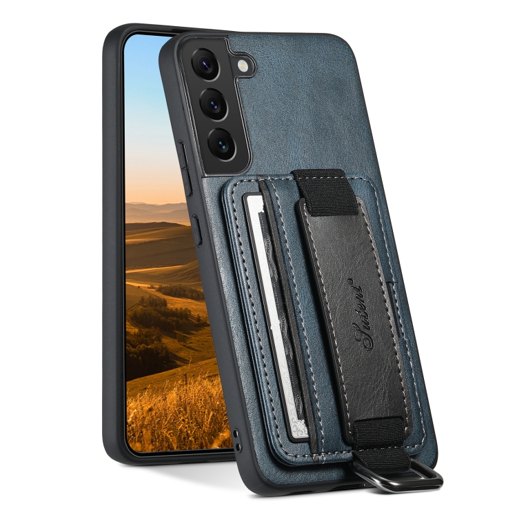 

For Samsung Galaxy S22 5G Suteni H13 Card Wallet Wrist Strap Holder PU Phone Case(Blue)
