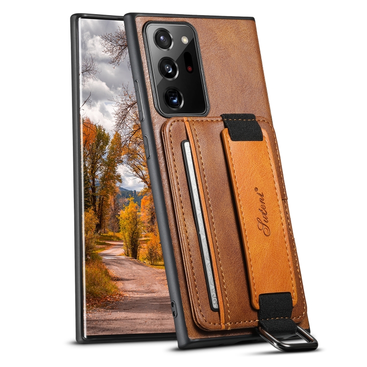 

For Samsung Galaxy Note20 Suteni H13 Card Wallet Wrist Strap Holder PU Phone Case(Brown)