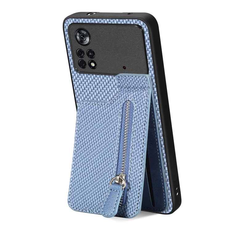 

For Xiaomi Poco X4 Pro 5G Carbon Fiber Vertical Flip Zipper Phone Case(Blue)
