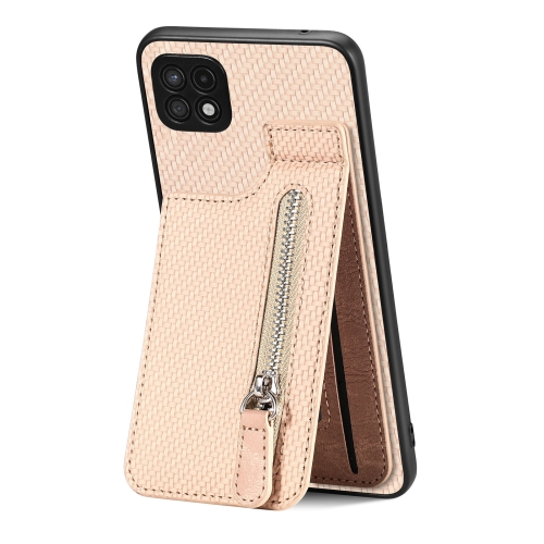 

For Samsung Galaxy A22 5G Carbon Fiber Vertical Flip Zipper Phone Case(Khaki)