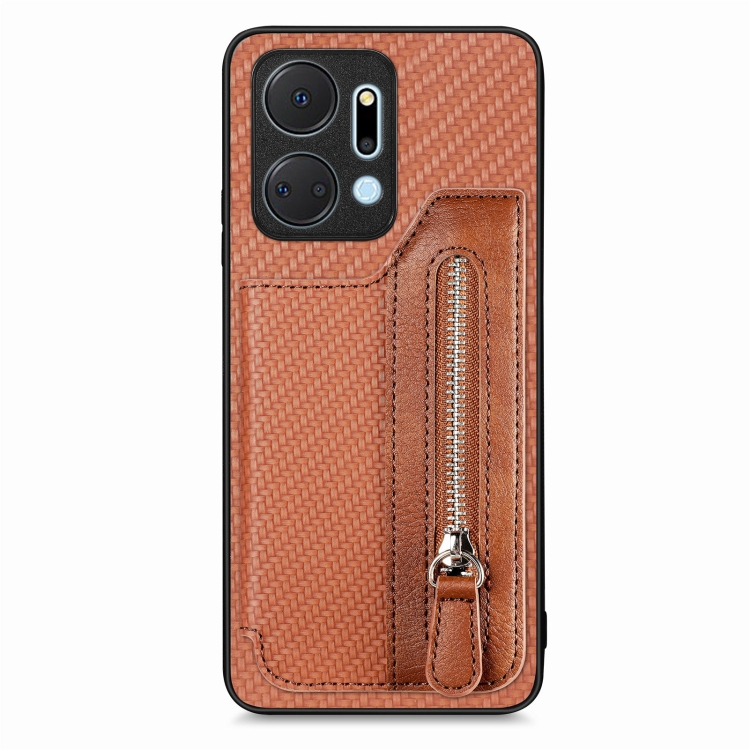 

For Honor X7A Carbon Fiber Horizontal Flip Zipper Wallet Phone Case(Brown)