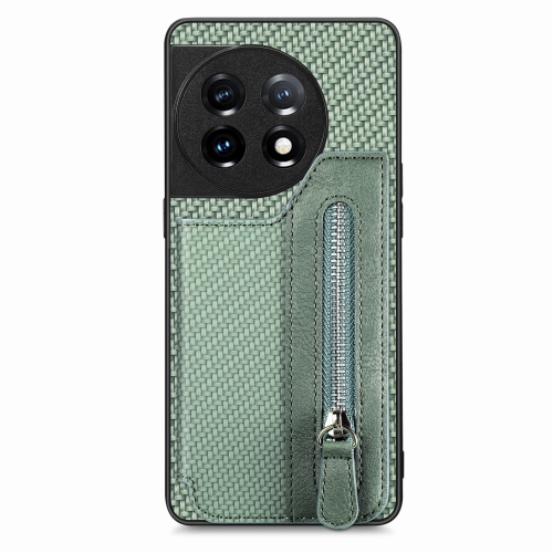 

For OnePlus 11 Carbon Fiber Horizontal Flip Zipper Wallet Phone Case(Green)