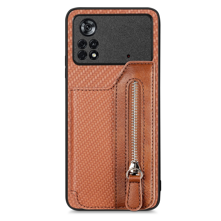 

For Xiaomi Poco X4 Pro 5G Carbon Fiber Horizontal Flip Zipper Wallet Phone Case(Brown)