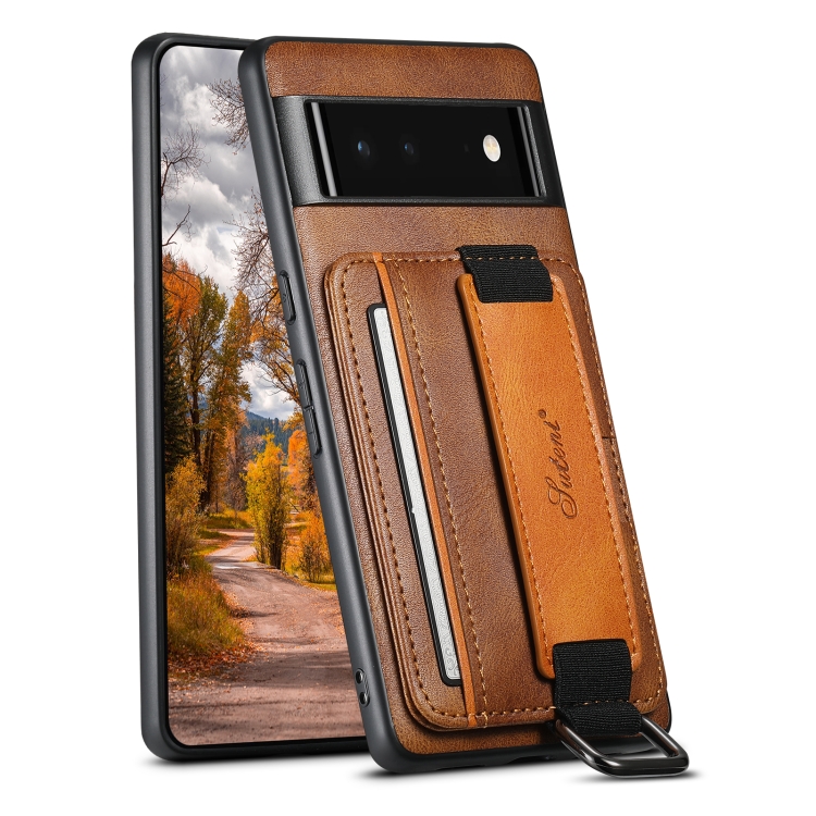 

For Googel Pixel 6 Suteni H13 Card Wallet Wrist Strap Holder PU Phone Case(Brown)