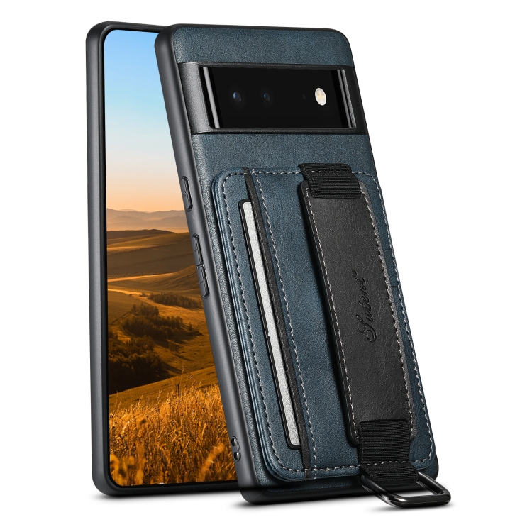 

For Googel Pixel 6 Pro Suteni H13 Card Wallet Wrist Strap Holder PU Phone Case(Blue)
