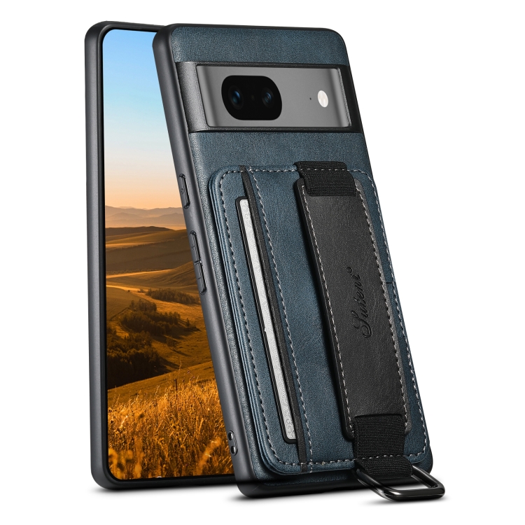 

For Googel Pixel 7a Suteni H13 Card Wallet Wrist Strap Holder PU Phone Case(Blue)