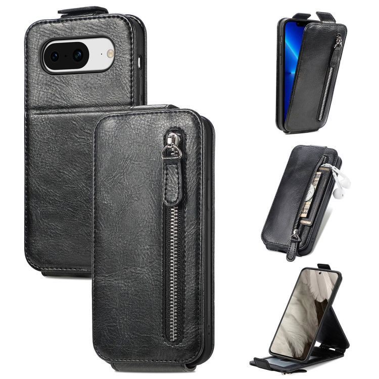 

For Google Pixel 8 Zipper Wallet Vertical Flip Leather Phone Case(Black)